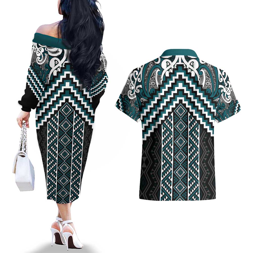 Maori Tukutuku Taniko Motifs Couples Matching Off The Shoulder Long Sleeve Dress and Hawaiian Shirt Teal Poutama Mix Kowhaiwhai LT7 - Polynesian Pride