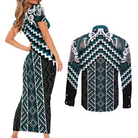 Maori Tukutuku Taniko Motifs Couples Matching Short Sleeve Bodycon Dress and Long Sleeve Button Shirt Teal Poutama Mix Kowhaiwhai LT7 - Polynesian Pride