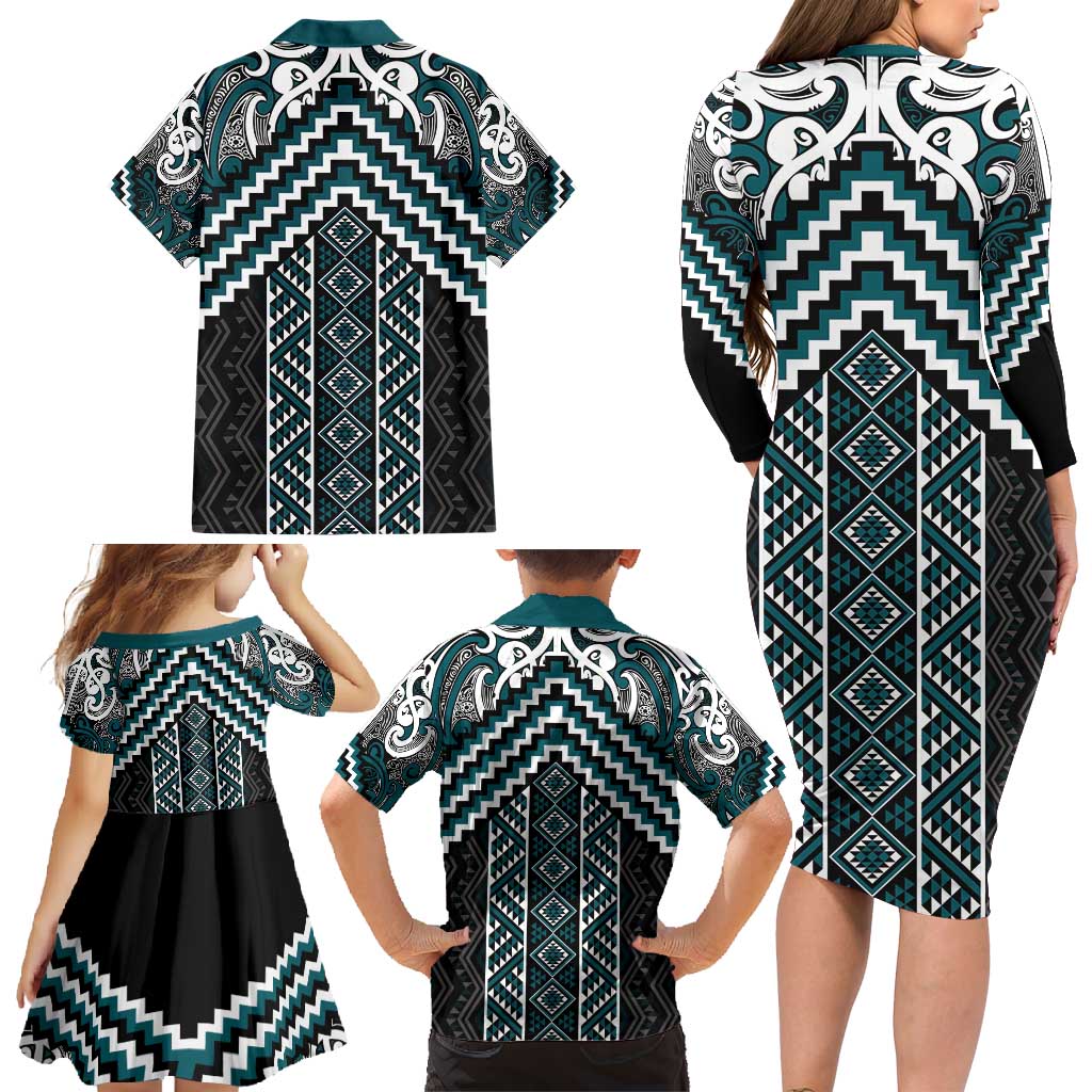 Maori Tukutuku Taniko Motifs Family Matching Long Sleeve Bodycon Dress and Hawaiian Shirt Teal Poutama Mix Kowhaiwhai LT7 - Polynesian Pride