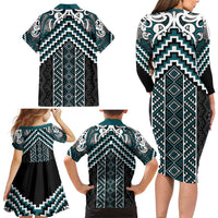 Maori Tukutuku Taniko Motifs Family Matching Long Sleeve Bodycon Dress and Hawaiian Shirt Teal Poutama Mix Kowhaiwhai LT7 - Polynesian Pride