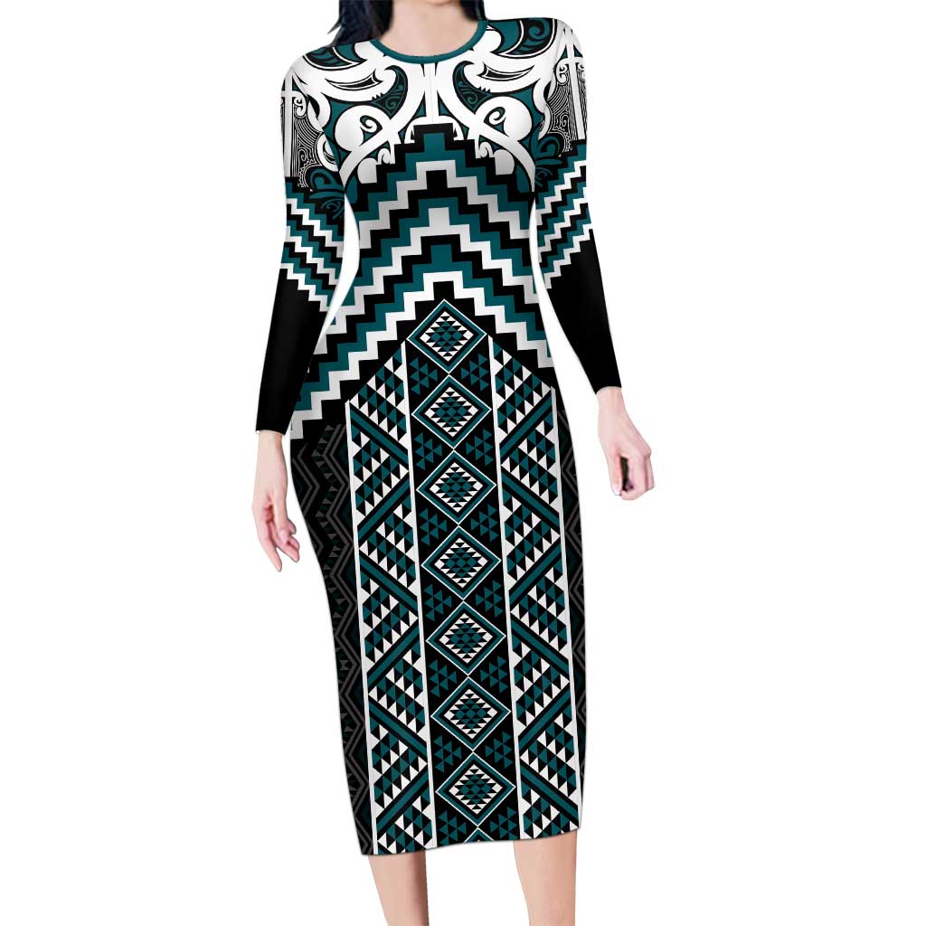 Maori Tukutuku Taniko Motifs Family Matching Long Sleeve Bodycon Dress and Hawaiian Shirt Teal Poutama Mix Kowhaiwhai LT7 Mom's Dress Teal - Polynesian Pride