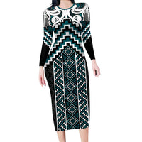 Maori Tukutuku Taniko Motifs Family Matching Long Sleeve Bodycon Dress and Hawaiian Shirt Teal Poutama Mix Kowhaiwhai LT7 Mom's Dress Teal - Polynesian Pride