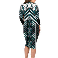 Maori Tukutuku Taniko Motifs Family Matching Long Sleeve Bodycon Dress and Hawaiian Shirt Teal Poutama Mix Kowhaiwhai LT7 - Polynesian Pride