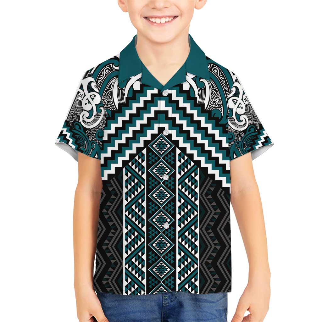 Maori Tukutuku Taniko Motifs Family Matching Long Sleeve Bodycon Dress and Hawaiian Shirt Teal Poutama Mix Kowhaiwhai LT7 Son's Shirt Teal - Polynesian Pride