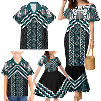 Maori Tukutuku Taniko Motifs Family Matching Mermaid Dress and Hawaiian Shirt Teal Poutama Mix Kowhaiwhai LT7 - Polynesian Pride