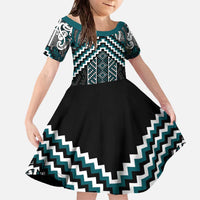 Maori Tukutuku Taniko Motifs Family Matching Off The Shoulder Long Sleeve Dress and Hawaiian Shirt Teal Poutama Mix Kowhaiwhai LT7 Daughter's Dress Teal - Polynesian Pride