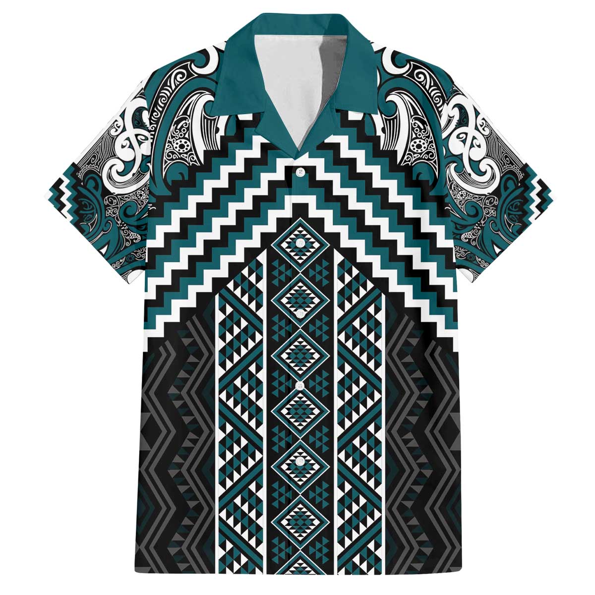 Maori Tukutuku Taniko Motifs Family Matching Off The Shoulder Long Sleeve Dress and Hawaiian Shirt Teal Poutama Mix Kowhaiwhai LT7 Dad's Shirt - Short Sleeve Teal - Polynesian Pride