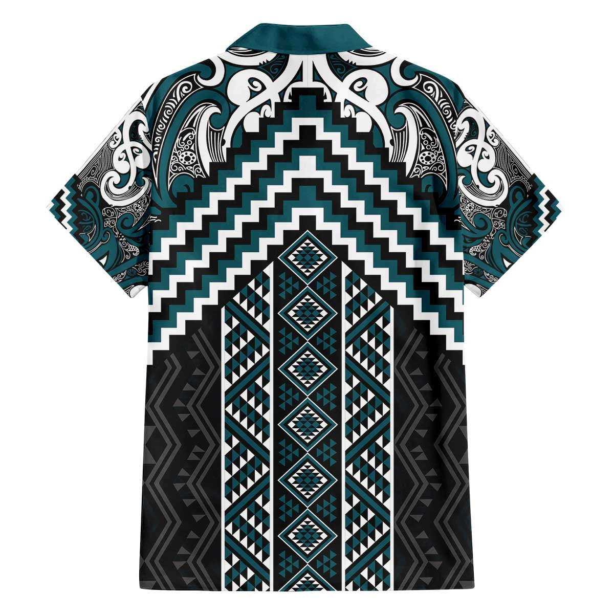 Maori Tukutuku Taniko Motifs Family Matching Off The Shoulder Long Sleeve Dress and Hawaiian Shirt Teal Poutama Mix Kowhaiwhai LT7 - Polynesian Pride