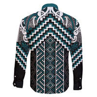 Maori Tukutuku Taniko Motifs Family Matching Off The Shoulder Long Sleeve Dress and Hawaiian Shirt Teal Poutama Mix Kowhaiwhai LT7 - Polynesian Pride