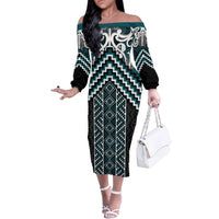 Maori Tukutuku Taniko Motifs Family Matching Off The Shoulder Long Sleeve Dress and Hawaiian Shirt Teal Poutama Mix Kowhaiwhai LT7 Mom's Dress Teal - Polynesian Pride