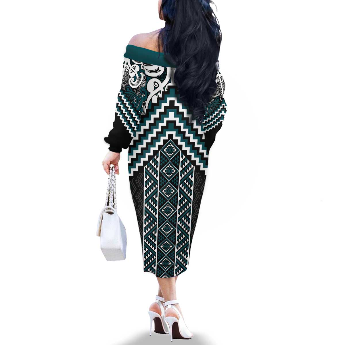 Maori Tukutuku Taniko Motifs Family Matching Off The Shoulder Long Sleeve Dress and Hawaiian Shirt Teal Poutama Mix Kowhaiwhai LT7 - Polynesian Pride