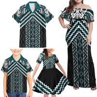 Maori Tukutuku Taniko Motifs Family Matching Off Shoulder Maxi Dress and Hawaiian Shirt Teal Poutama Mix Kowhaiwhai LT7 - Polynesian Pride