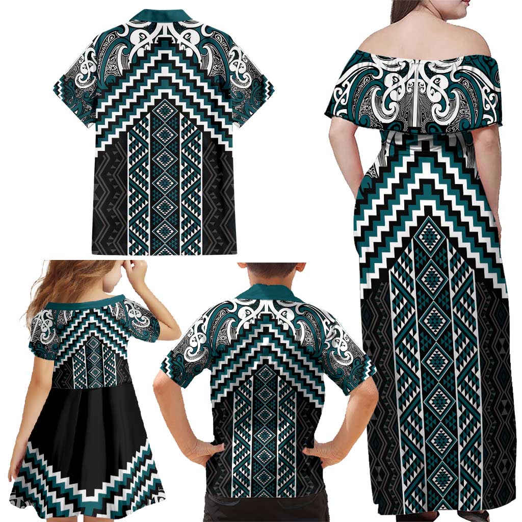 Maori Tukutuku Taniko Motifs Family Matching Off Shoulder Maxi Dress and Hawaiian Shirt Teal Poutama Mix Kowhaiwhai LT7 - Polynesian Pride