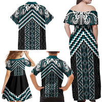 Maori Tukutuku Taniko Motifs Family Matching Off Shoulder Maxi Dress and Hawaiian Shirt Teal Poutama Mix Kowhaiwhai LT7 - Polynesian Pride