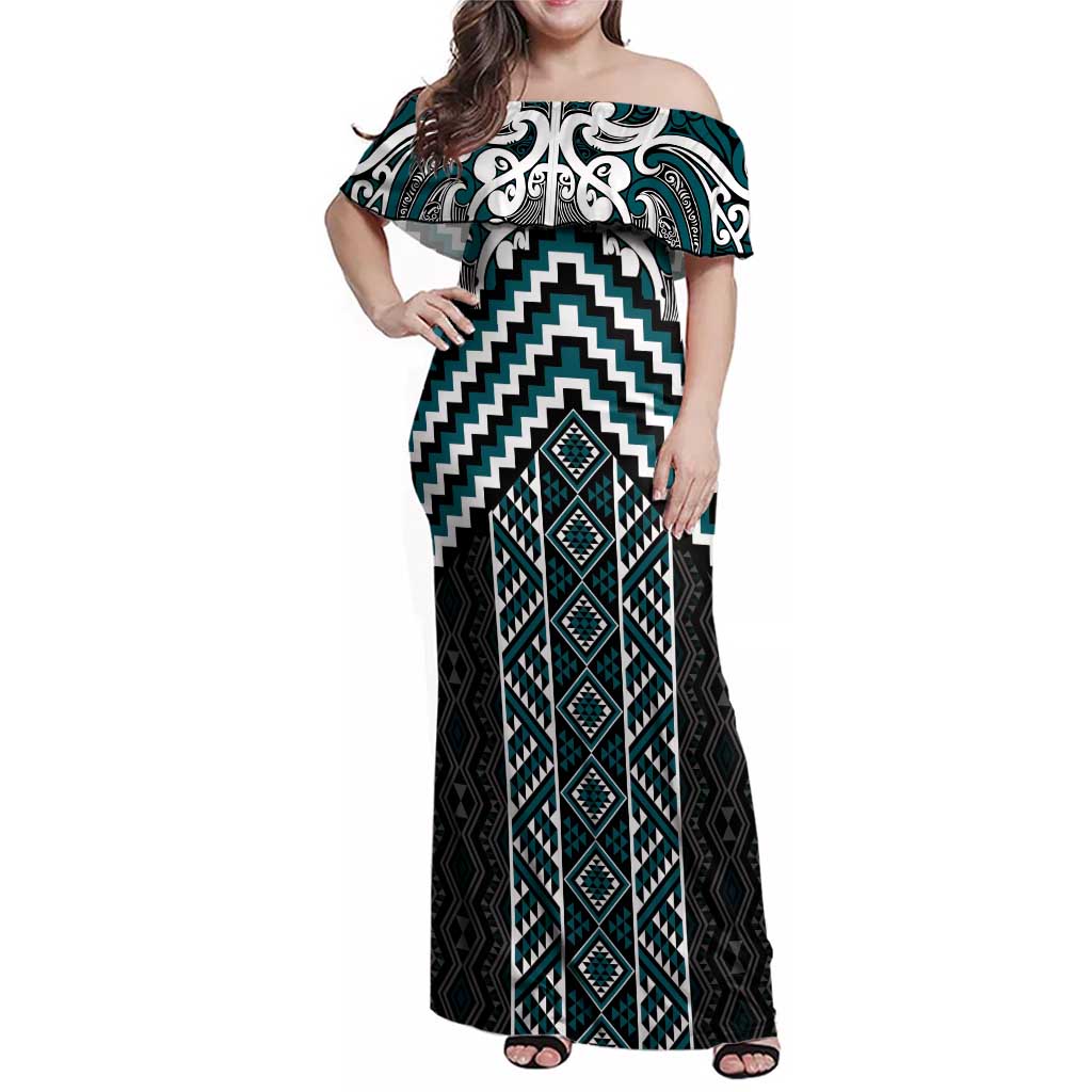 Maori Tukutuku Taniko Motifs Family Matching Off Shoulder Maxi Dress and Hawaiian Shirt Teal Poutama Mix Kowhaiwhai LT7 Mom's Dress Teal - Polynesian Pride