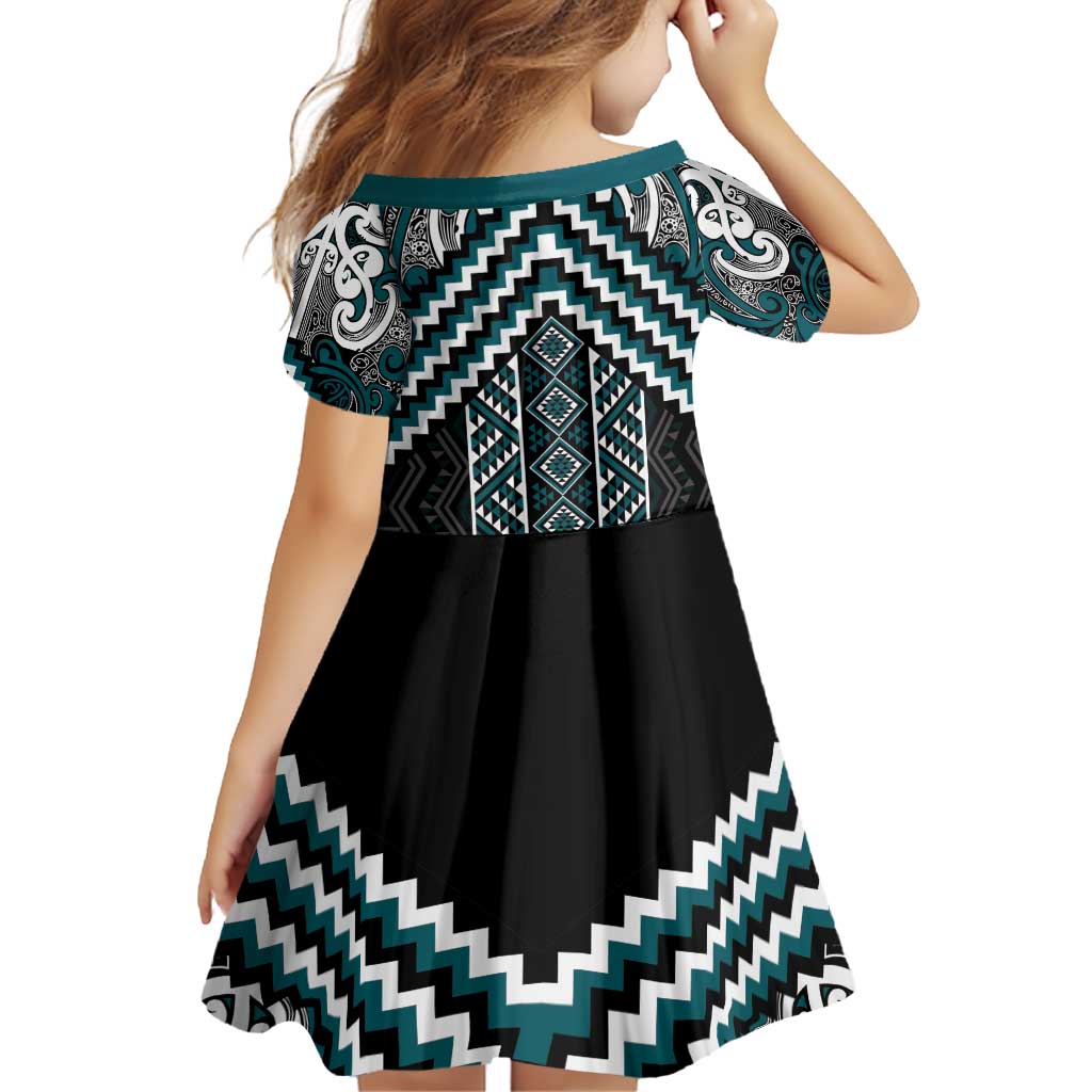 Maori Tukutuku Taniko Motifs Family Matching Off Shoulder Short Dress and Hawaiian Shirt Teal Poutama Mix Kowhaiwhai LT7 - Polynesian Pride
