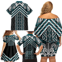 Maori Tukutuku Taniko Motifs Family Matching Off Shoulder Short Dress and Hawaiian Shirt Teal Poutama Mix Kowhaiwhai LT7 - Polynesian Pride