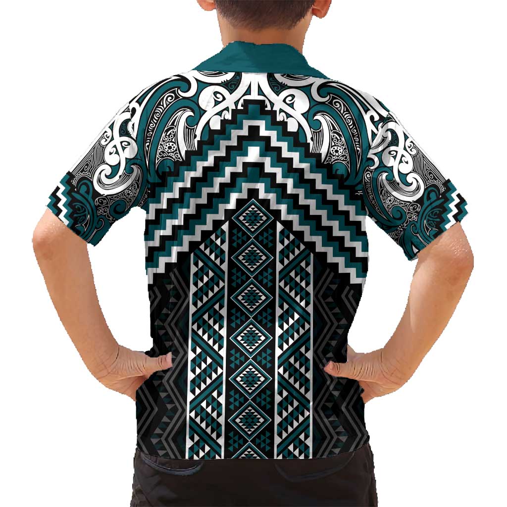 Maori Tukutuku Taniko Motifs Family Matching Puletasi and Hawaiian Shirt Teal Poutama Mix Kowhaiwhai LT7 - Polynesian Pride