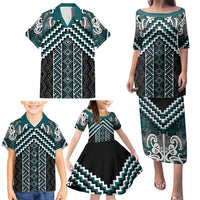 Maori Tukutuku Taniko Motifs Family Matching Puletasi and Hawaiian Shirt Teal Poutama Mix Kowhaiwhai LT7 - Polynesian Pride