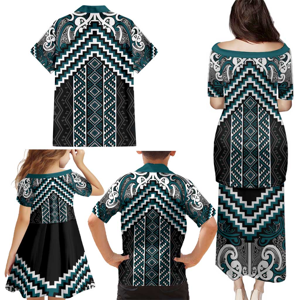 Maori Tukutuku Taniko Motifs Family Matching Puletasi and Hawaiian Shirt Teal Poutama Mix Kowhaiwhai LT7 - Polynesian Pride