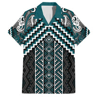 Maori Tukutuku Taniko Motifs Family Matching Puletasi and Hawaiian Shirt Teal Poutama Mix Kowhaiwhai LT7 Dad's Shirt - Short Sleeve Teal - Polynesian Pride