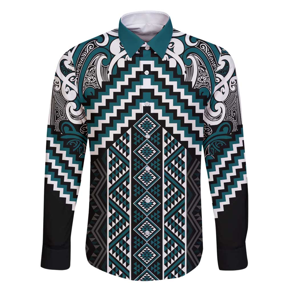 Maori Tukutuku Taniko Motifs Family Matching Puletasi and Hawaiian Shirt Teal Poutama Mix Kowhaiwhai LT7 Dad's Shirt - Long Sleeve Teal - Polynesian Pride