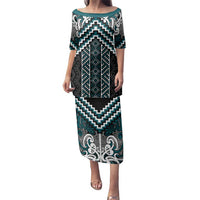 Maori Tukutuku Taniko Motifs Family Matching Puletasi and Hawaiian Shirt Teal Poutama Mix Kowhaiwhai LT7 Mom's Dress Teal - Polynesian Pride
