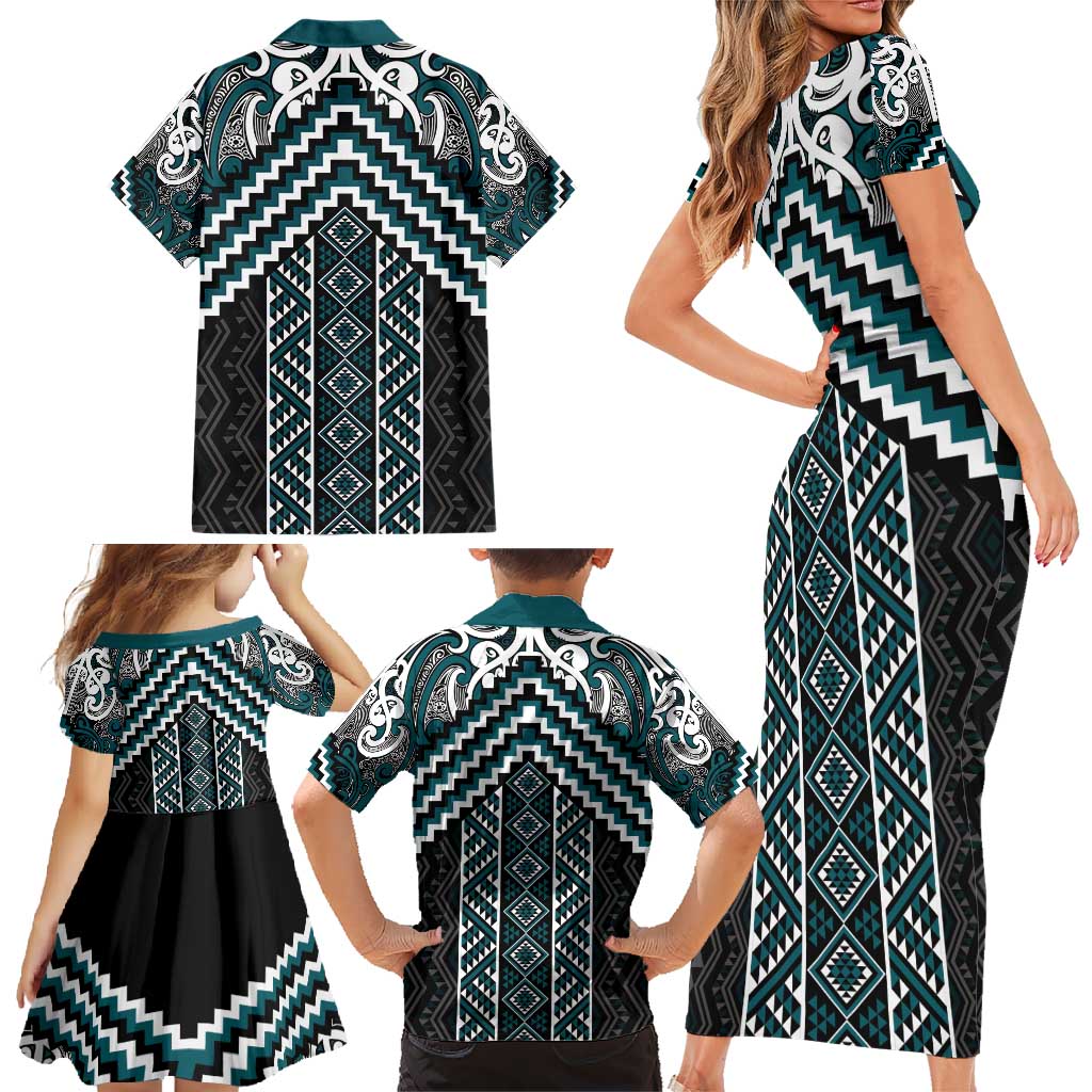 Maori Tukutuku Taniko Motifs Family Matching Short Sleeve Bodycon Dress and Hawaiian Shirt Teal Poutama Mix Kowhaiwhai LT7 - Polynesian Pride