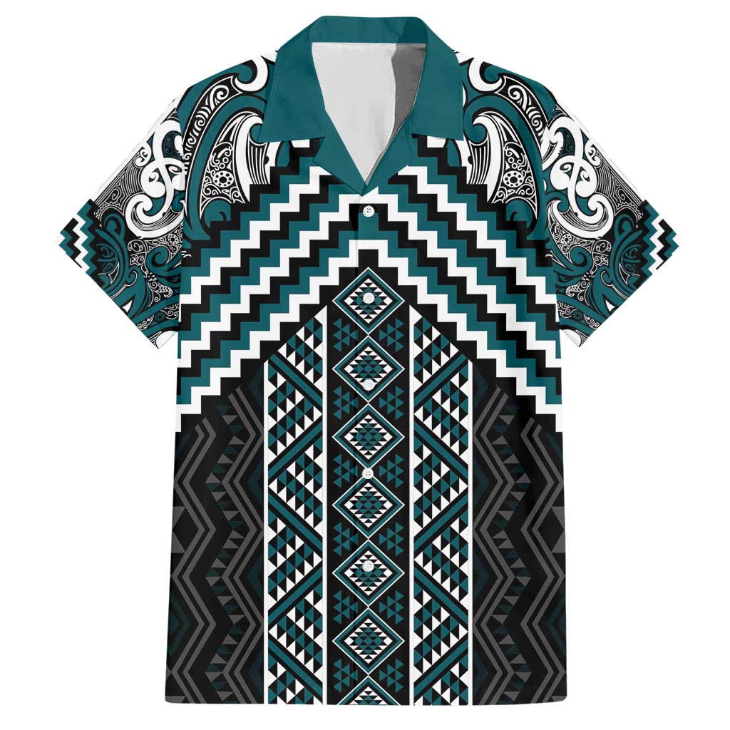 Maori Tukutuku Taniko Motifs Family Matching Short Sleeve Bodycon Dress and Hawaiian Shirt Teal Poutama Mix Kowhaiwhai LT7 Dad's Shirt - Short Sleeve Teal - Polynesian Pride