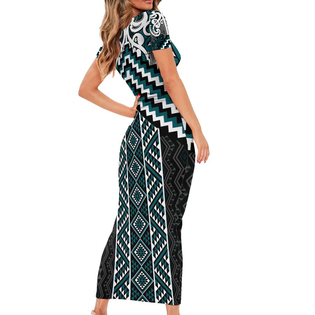 Maori Tukutuku Taniko Motifs Family Matching Short Sleeve Bodycon Dress and Hawaiian Shirt Teal Poutama Mix Kowhaiwhai LT7 - Polynesian Pride