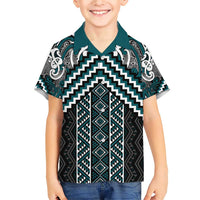 Maori Tukutuku Taniko Motifs Family Matching Short Sleeve Bodycon Dress and Hawaiian Shirt Teal Poutama Mix Kowhaiwhai LT7 Son's Shirt Teal - Polynesian Pride