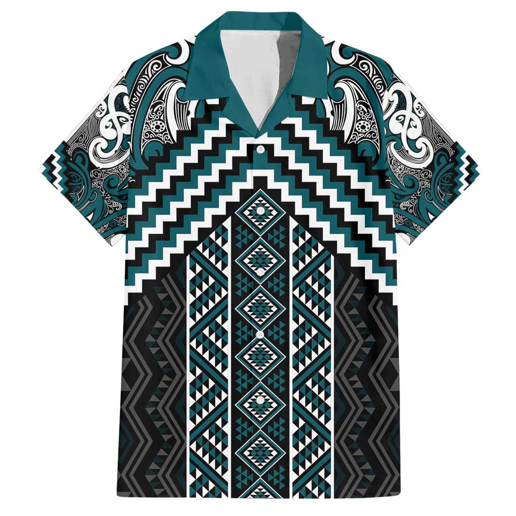 Maori Tukutuku Taniko Motifs Family Matching Summer Maxi Dress and Hawaiian Shirt Teal Poutama Mix Kowhaiwhai LT7 Dad's Shirt - Short Sleeve Teal - Polynesian Pride