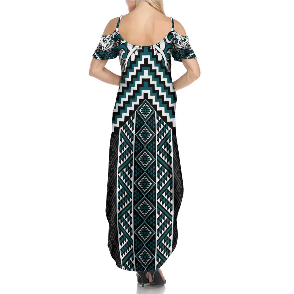 Maori Tukutuku Taniko Motifs Family Matching Summer Maxi Dress and Hawaiian Shirt Teal Poutama Mix Kowhaiwhai LT7 - Polynesian Pride