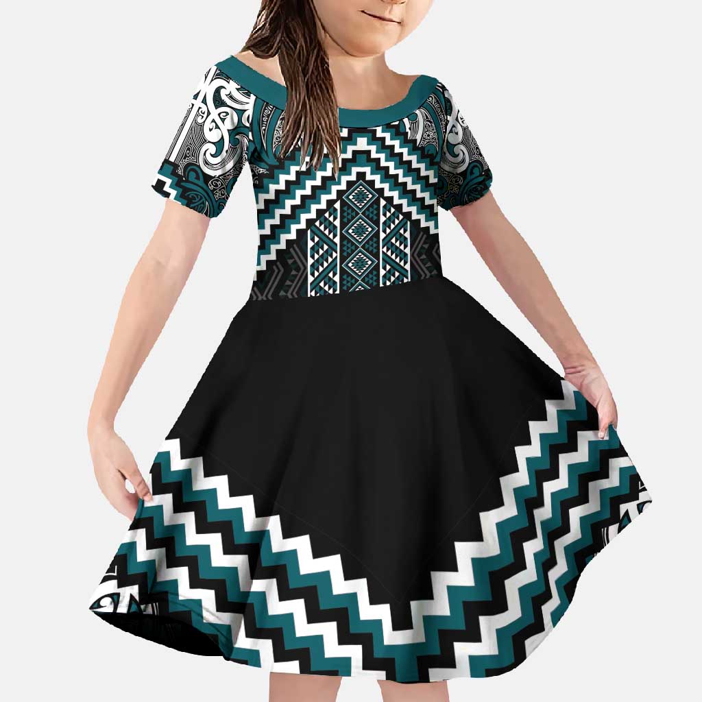 Maori Tukutuku Taniko Motifs Family Matching Tank Maxi Dress and Hawaiian Shirt Teal Poutama Mix Kowhaiwhai LT7 Daughter's Dress Teal - Polynesian Pride