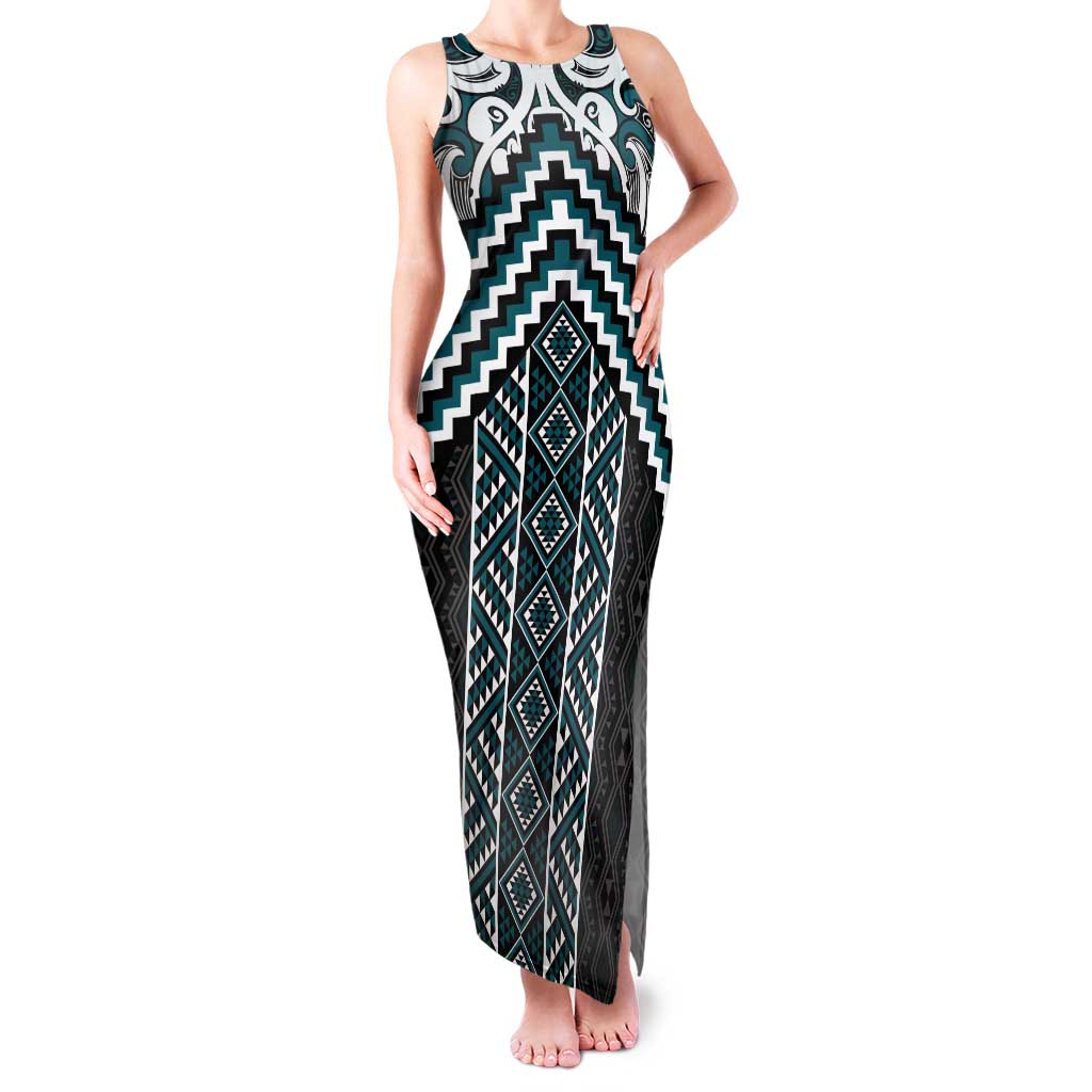 Maori Tukutuku Taniko Motifs Family Matching Tank Maxi Dress and Hawaiian Shirt Teal Poutama Mix Kowhaiwhai LT7 Mom's Dress Teal - Polynesian Pride