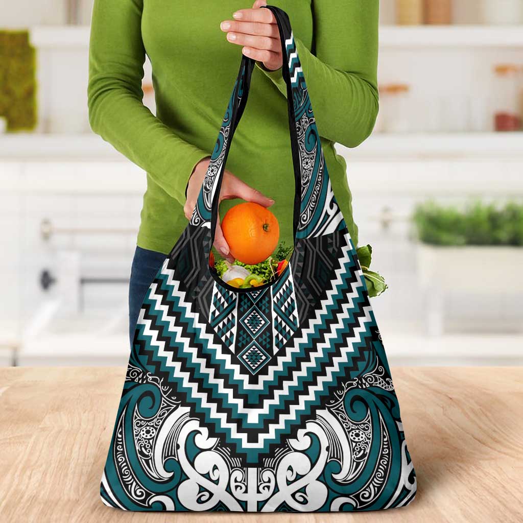 Maori Tukutuku Taniko Motifs Grocery Bag Teal Poutama Mix Kowhaiwhai