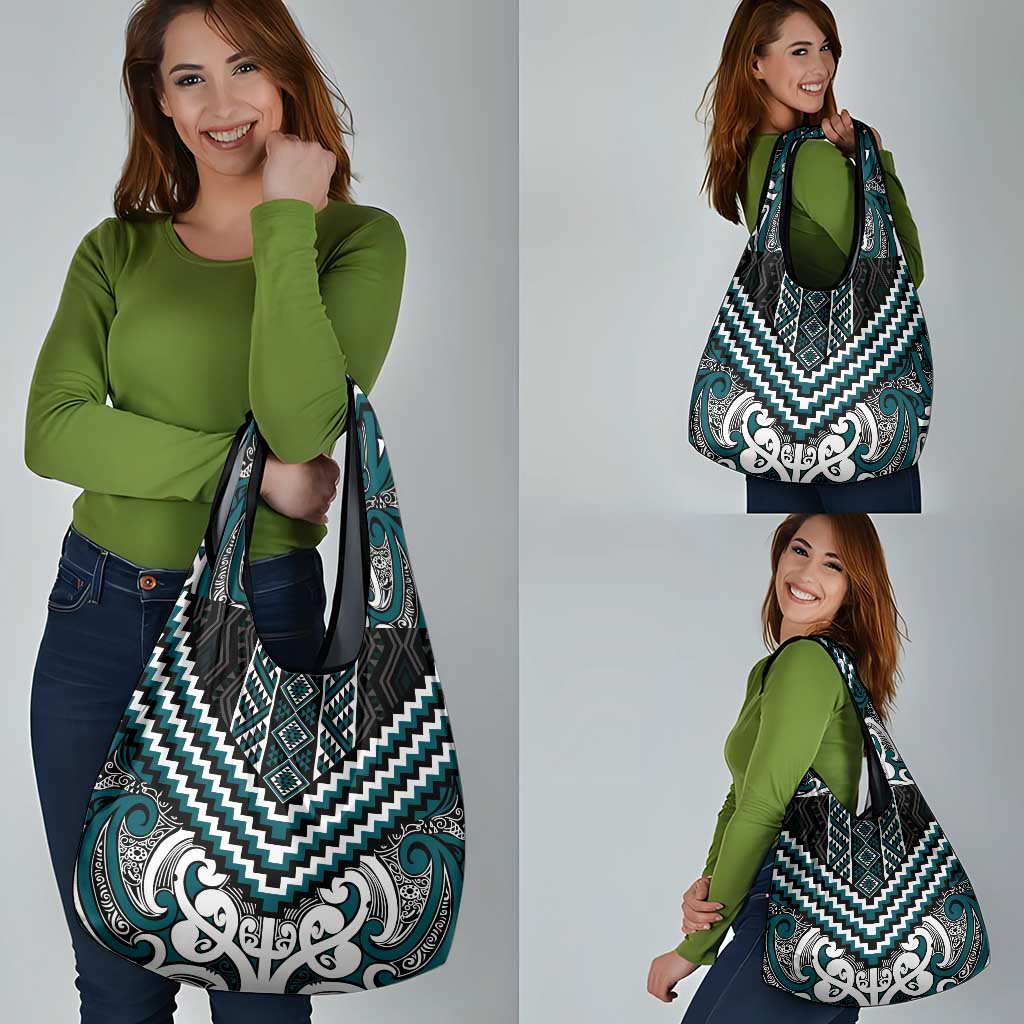 Maori Tukutuku Taniko Motifs Grocery Bag Teal Poutama Mix Kowhaiwhai