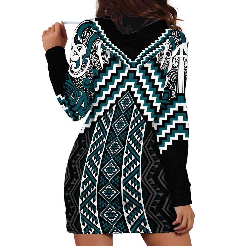 Maori Tukutuku Taniko Motifs Hoodie Dress Teal Poutama Mix Kowhaiwhai