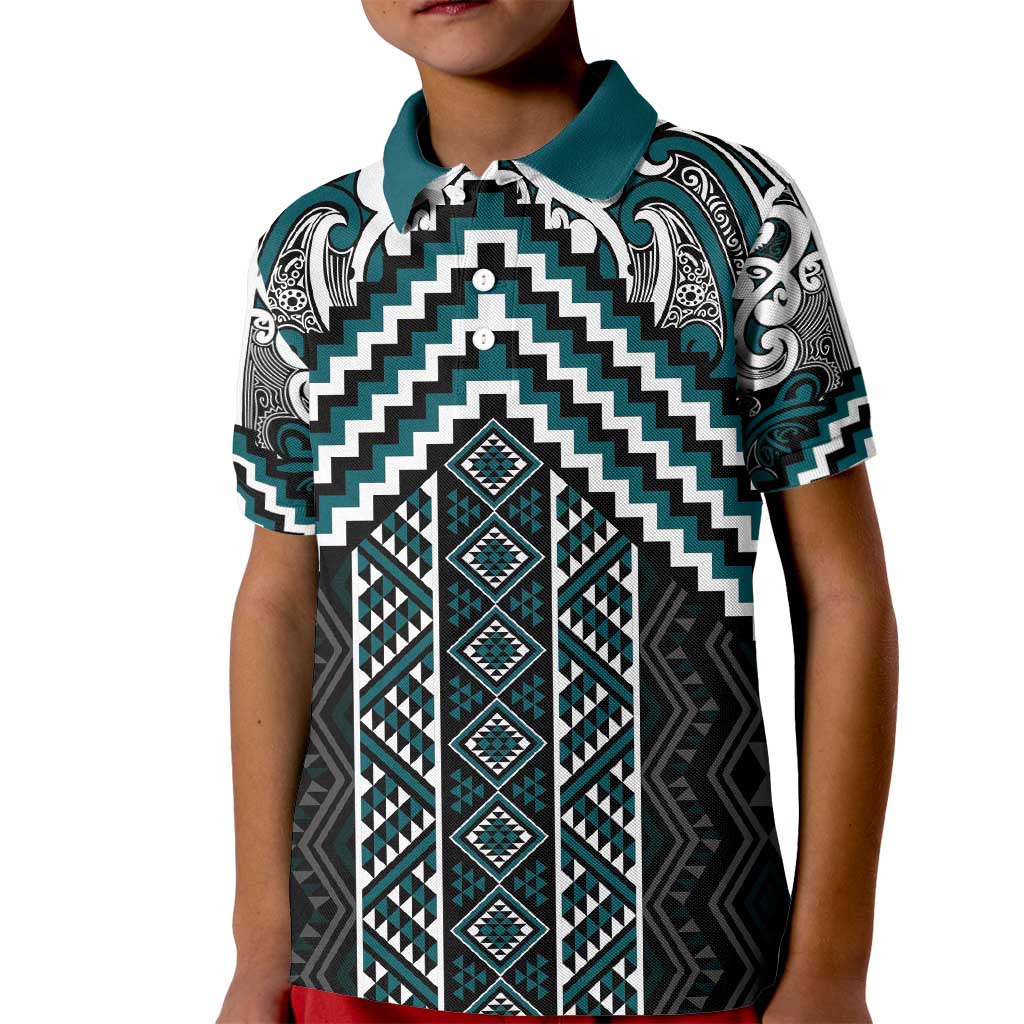 Maori Tukutuku Taniko Motifs Kid Polo Shirt Teal Poutama Mix Kowhaiwhai
