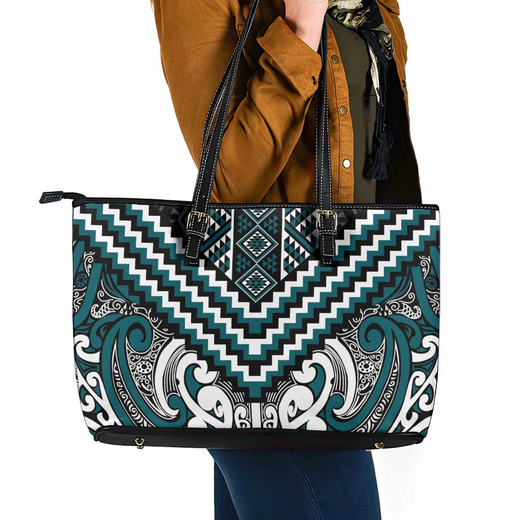 Maori Tukutuku Taniko Motifs Leather Tote Bag Teal Poutama Mix Kowhaiwhai
