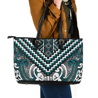 Maori Tukutuku Taniko Motifs Leather Tote Bag Teal Poutama Mix Kowhaiwhai