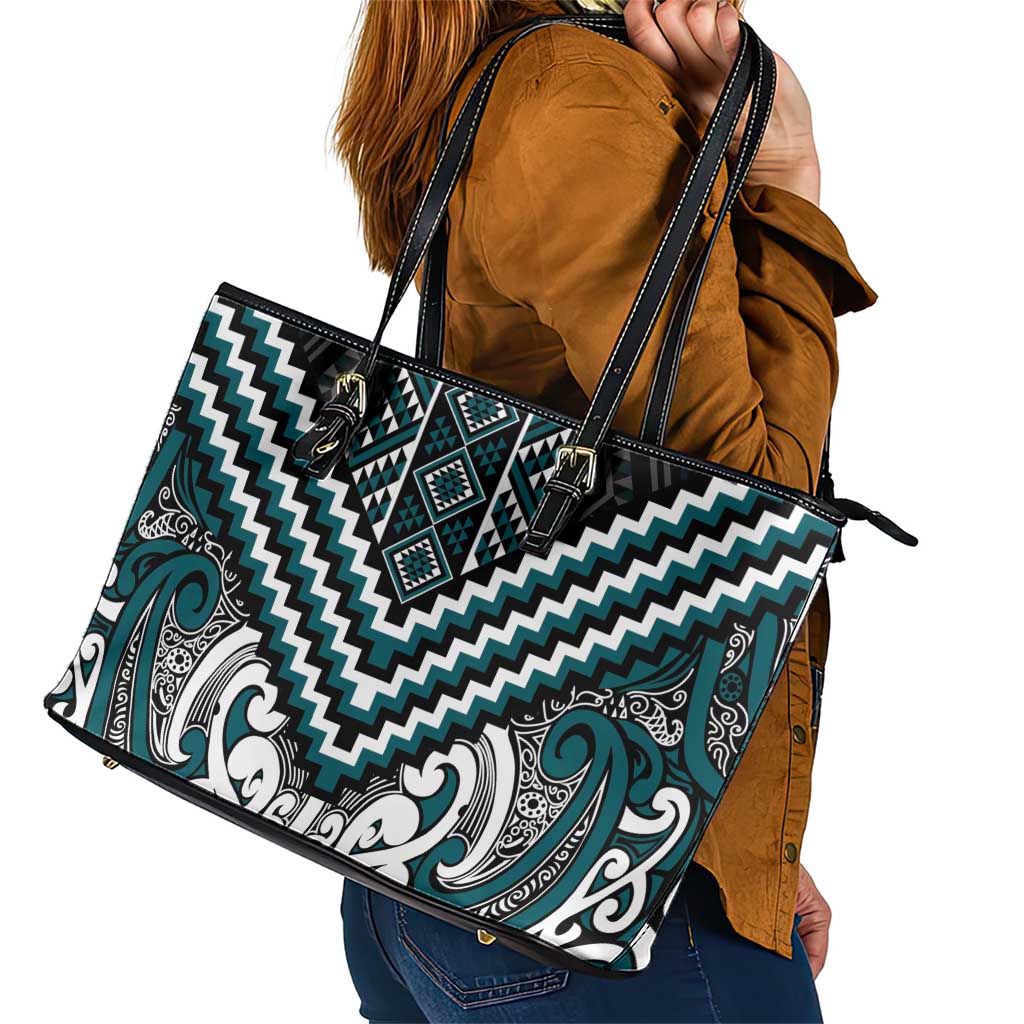 Maori Tukutuku Taniko Motifs Leather Tote Bag Teal Poutama Mix Kowhaiwhai