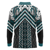 Maori Tukutuku Taniko Motifs Long Sleeve Polo Shirt Teal Poutama Mix Kowhaiwhai