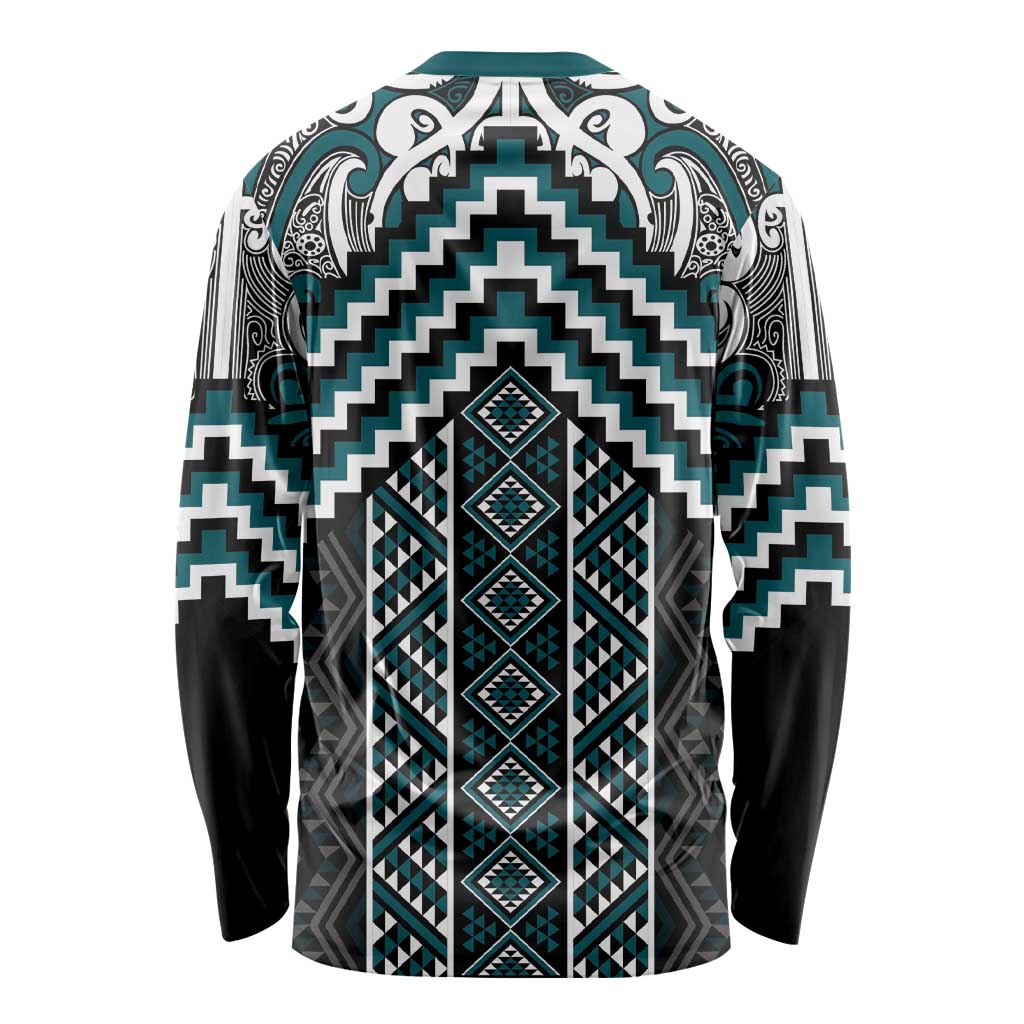Maori Tukutuku Taniko Motifs Long Sleeve Shirt Teal Poutama Mix Kowhaiwhai LT7 - Polynesian Pride