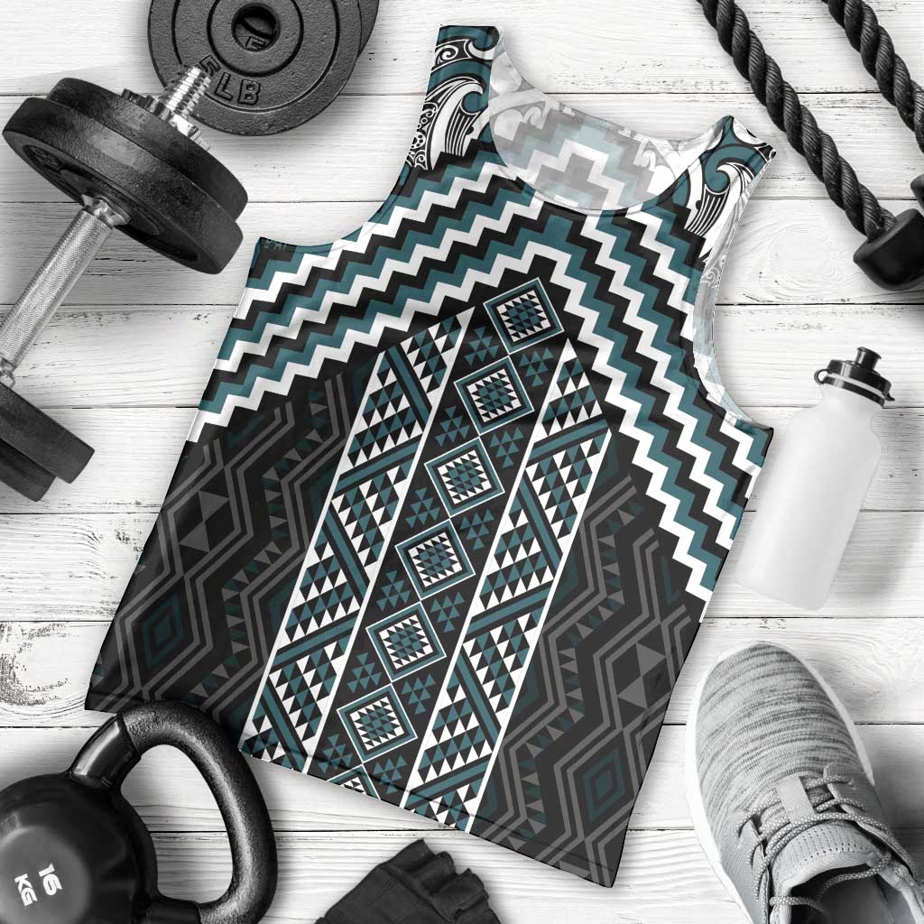 Maori Tukutuku Taniko Motifs Men Tank Top Teal Poutama Mix Kowhaiwhai