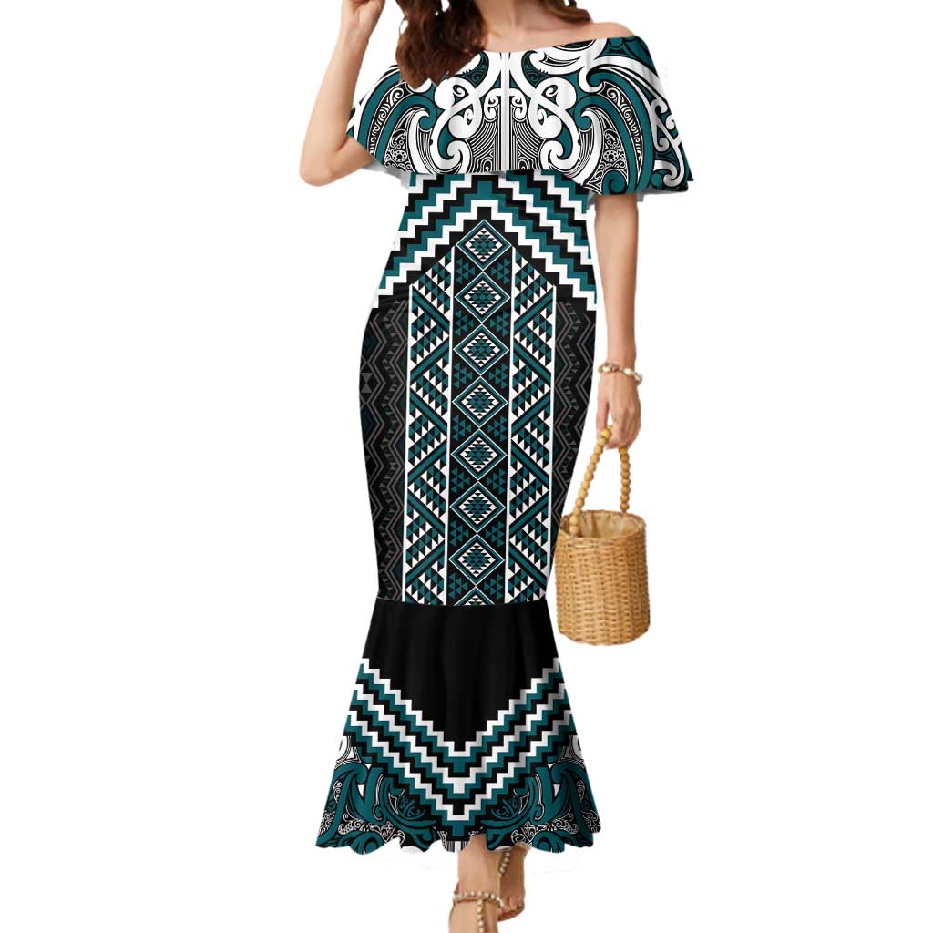 Maori Tukutuku Taniko Motifs Mermaid Dress Teal Poutama Mix Kowhaiwhai LT7 Women Teal - Polynesian Pride