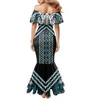 Maori Tukutuku Taniko Motifs Mermaid Dress Teal Poutama Mix Kowhaiwhai LT7 - Polynesian Pride