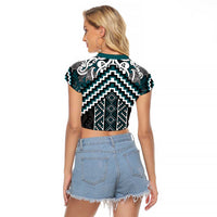 Maori Tukutuku Taniko Motifs Raglan Cropped T Shirt Teal Poutama Mix Kowhaiwhai
