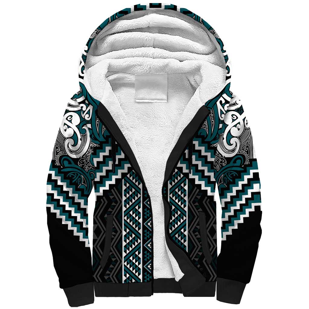 Maori Tukutuku Taniko Motifs Sherpa Hoodie Teal Poutama Mix Kowhaiwhai LT7 Unisex Teal - Polynesian Pride