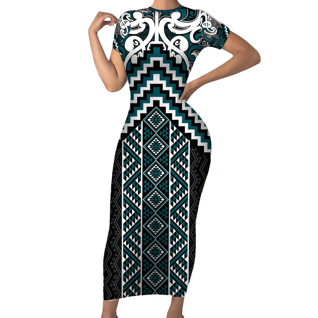 Maori Tukutuku Taniko Motifs Short Sleeve Bodycon Dress Teal Poutama Mix Kowhaiwhai LT7 Long Dress Teal - Polynesian Pride